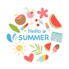 Colorful Hello Summer background layout banners design with summer elements. Horizontal poster, greeting card, header for website, social media. Vector summer illustration.