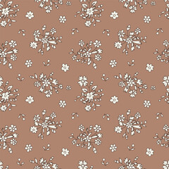 Monochrome ditsy floral seamless pattern on brown background. Hand drawn vintage backdrop with tiny flower bouquets. Cottage core texture with sketchy blooms and leaves.