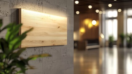 Modern wooden signboard with a smooth, illuminated surface mounted on a textured concrete wall, symbolizing a contemporary and elegant display for branding or information in a professional setting