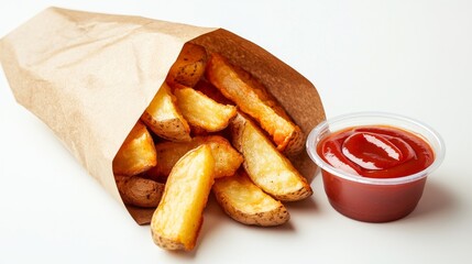 Golden brown thick-cut potato wedges in a recyclable paper bag, served with a side of red ketchup, symbolizing a classic and satisfying fast food or snack item