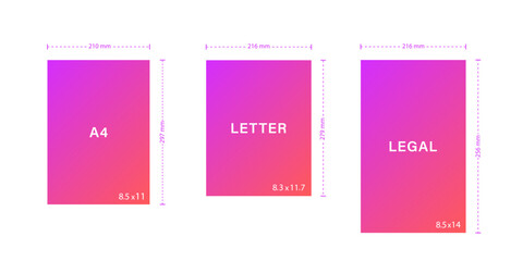 Legal Yellow Paper size. Notebook sheet formats. Legal, letter, A4. Comparison of papers isolated on white background. Vector illustration in flat style.