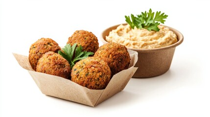 Golden crispy falafel balls served in an eco-friendly kraft paper tray, accompanied by creamy hummus, symbolizing healthy and sustainable snack or meal options