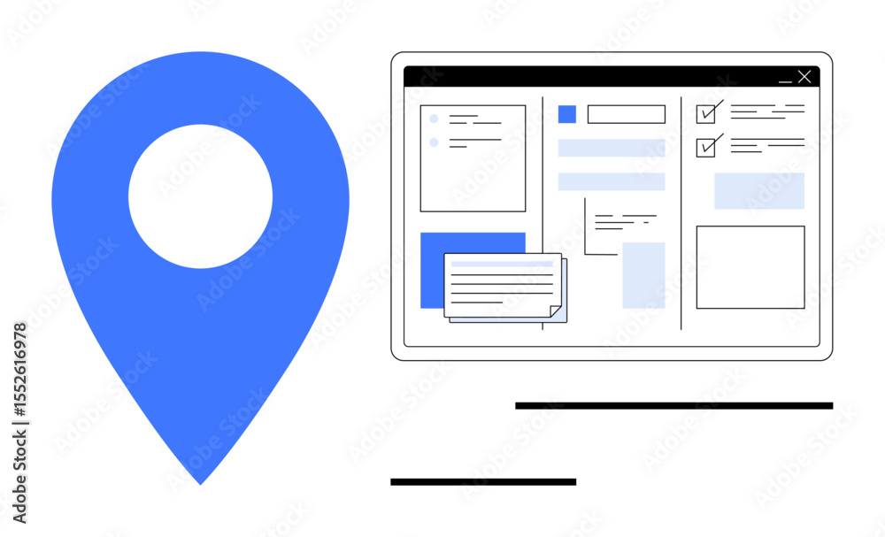 Poster blue map marker beside a web interface with forms and text boxes. ideal for navigation, geolocation,