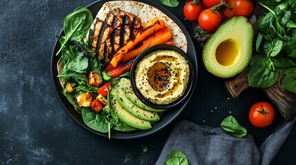 A delicious whole grain wrap with grilled vegetables, fresh avocado, and a side of hummus, symbolizing healthy, plant-based eating and a nutritious meal