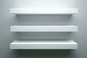 Three Floating White Shelves Mounted on a Gray Wall Interior. Mock up promotion information for marketing announcements and details, blank white space