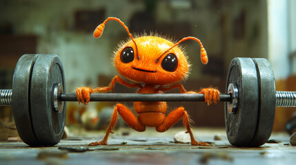 Adorable yet mighty orange ant performs an intense deadlift, symbolizing incredible strength, perseverance, and overcoming challenges