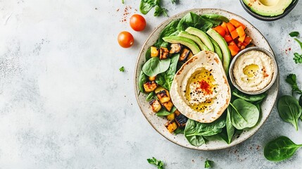 A healthy and colorful vegan bowl featuring a hummus-filled flatbread, grilled vegetables, and fresh greens, symbolizing nutritious plant-based eating and a balanced lifestyle