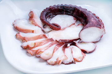 Raw Tentacles of octopus on white plate on white background, kraken tentacles sashimi isolate on white background.