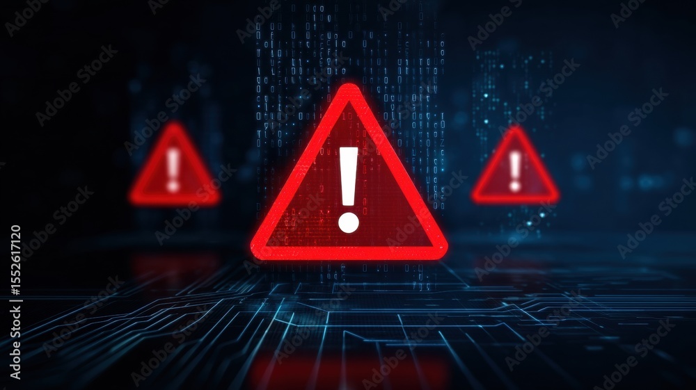 Poster information online privacy protection. warning symbols over a digital background with binary code.