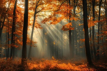 Fototapeta premium High resolution image of autumn forest morning, glowing mist and orange canopy