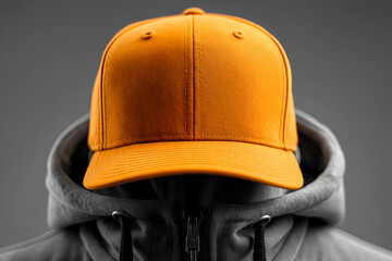 Person Wearing Orange Cap and Gray Hoodie Stylish Headwear Concept. Mock up promotion information for marketing announcements and details, blank white space