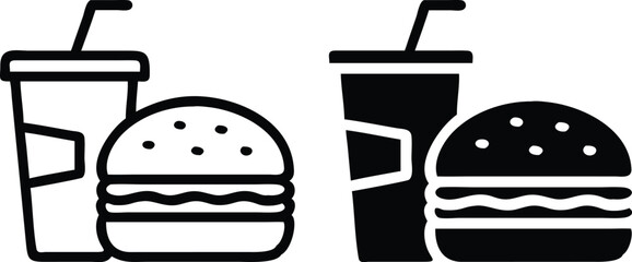 Flat Design Fast Food Icon – Burger with Steam and Soda Cup Silhouette on White Background