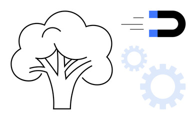 Tree outline, two gears, and a magnet with motion streaks. Ideal for nature, innovation, productivity, efficiency, synergy science and problem-solving. Simple flat metaphor