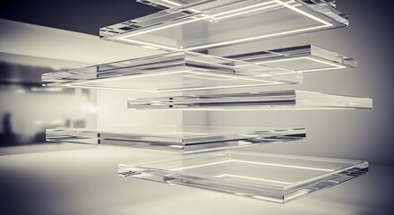 Arrangement of multiple rectangular glass panes stacked in a staggered formation with interior glow