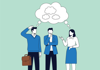 Cartoon illustration of business people with speech bubbles communicating ideas