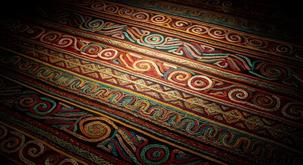 Close up of a vibrant textile with intricate patterns and spiral motifs in varied hues and textures