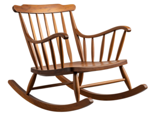 Classic Wooden Rocking Chair with Spindled Back and Curved Arms, Front View isolated on transparent background PNG