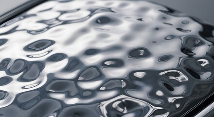 Close up view of rippled liquid reflecting light with distorted reflections and a metallic sheen look