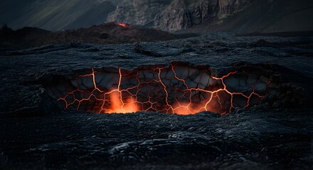 Cracked earth reveals molten lava with mountains and hazy sky in the distance on a desolate landscape
