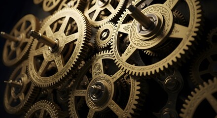 Close up view of intricate golden gears and cogs interlocked in a complex mechanical system design
