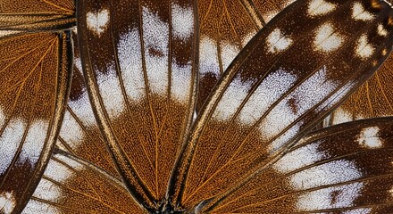 Close up view of overlapping butterfly wings with brown and white patterns and detailed texture