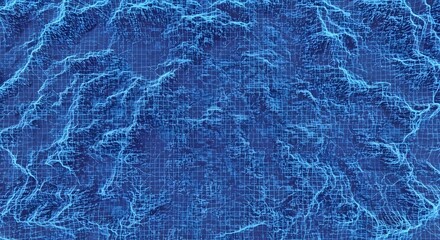 Aerial view of a blue digital landscape with grid lines and abstract topographical features visible