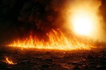 Intense Blaze A Fiery Inferno Consumes the Landscape, Leaving Behind a Trail of Destruction and Ashes. Witness the Raw Power of Nature's Fury in this Dramatic Image.