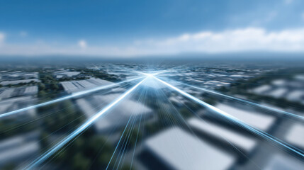 Aerial view of cityscape with digital light trails converging towards horizon, creating futuristic and dynamic scene, under partly cloudy sky, evoking speed and connectivity