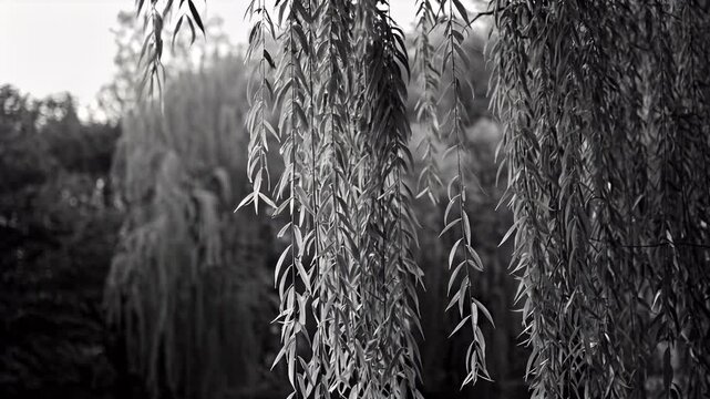 Monochrome Willow Weeping Over Still Water