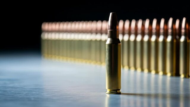 Golden rifle bullets arranged in a long, receding line with one cartridge in sharp focus