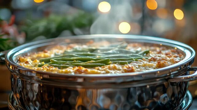 Steaming pot of homemade green bean casserole with rising steam and a hand lifting the lid