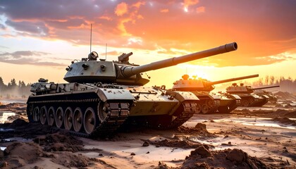 Abandoned Tanks in a Mud Battlefield at Sunset A Frozen Moment in Time