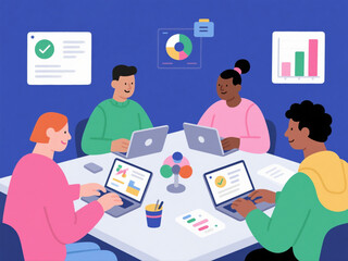 Vector illustration of a diverse team working remotely via laptops, modern flat design, office icons and charts
