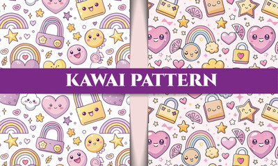 Adorable Kawaii Pattern Seamless Design Hearts, Locks, Rainbows, and Stars