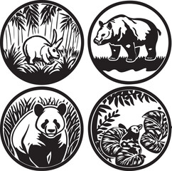 A tribal vector set featuring black and white animal illustrations, including a lion and a tiger, alongside floral and leaf patterns for tattoo design and decoration