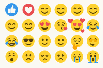 Set of cute social media Emoji faces thumbs up, heart, smile, joking, crying, laughing, kissing, love, heart-shaped eyes, care, wink, icons