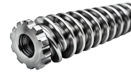 Metallic helical screw & toothed gear, close-up