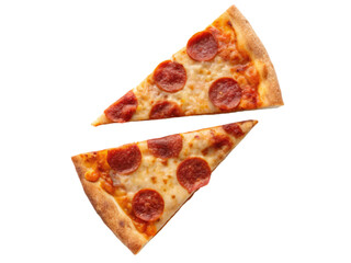 Two slices of classic Italian pepperoni pizza isolated on white background. Suitable for marketing or business purposes. PNG file