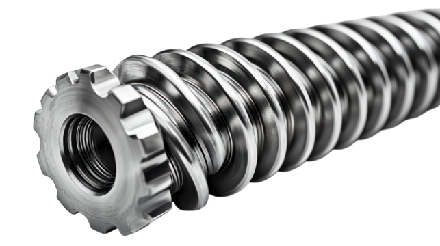 Metallic helical screw & toothed gear, close-up