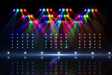 flat design spotlights casting vibrant beams across reflective floor with LED grid haze, copy space