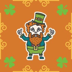 Image of st patrick's day leprechaun and green shamrocks on orange background