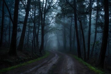 Fototapeta premium Road to the light in dark mysterious forest with fog.
