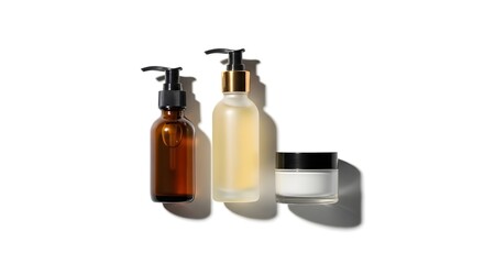 Minimalist skincare product arrangement amber bottle frosted bottle and cream jar on white.