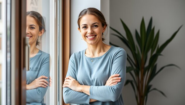 Smiling woman portrait: happy female by window - Powered by Adobe