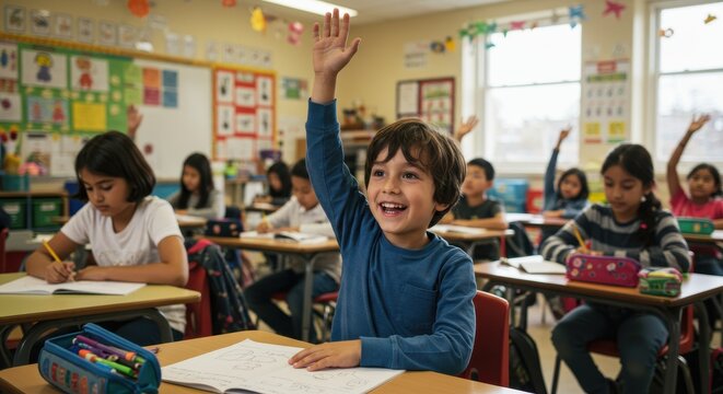 Joyful young boy raises hand in classroom a scene of active learning and participation amongst students in a bright and cheerful educational environment featuring desks and educational resources