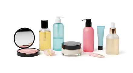 Pastel Cosmetic Products Displayed with Flower on White Background.