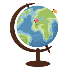Flat style school globe with continents, oceans, and flags. Perfect for educational materials, geography lessons, classroom decor, web design, advertising campaigns, travel-related projects
