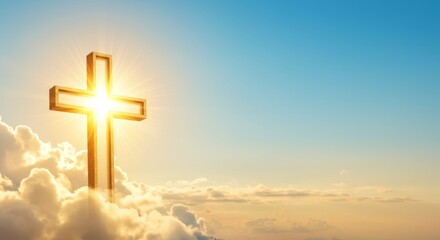 Christian cross shining in the sky with shining sun rays and heavenly clouds, soft gold to blue gradient background