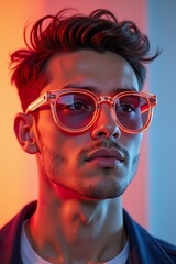Obraz premium A young, cool man with sunglasses with vibrant red neon inner rims. Stylish and modern design. Perfect summer accessory. Trendy fashion eyewear.