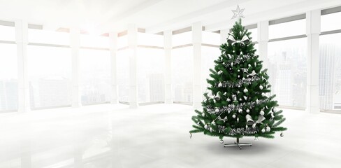 Christmas tree is standing in lobby in flat design with silver baubles, white floor and windows
